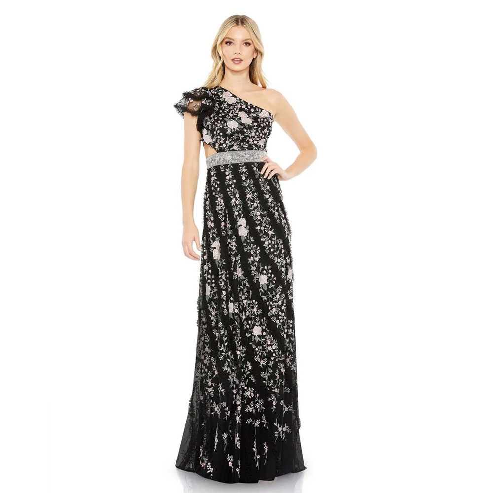 Mac Duggal Black Floral One-Shoulder Maxi Dress with Silver Waist